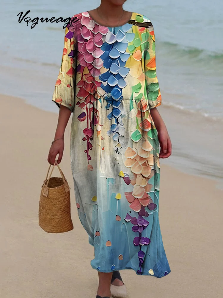 Gorgeous And Gentle Painted Plants Printed Women's Casual Cotton And Linen Dress