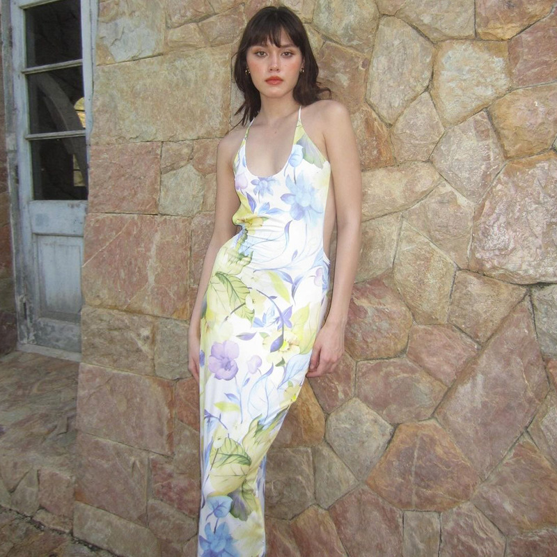 Ootddress Printed Backless Fashion Dress For Women Bandage Summer 2025 Slim Elegant Ladies Party Dress Gown Lace-Up Sexy Maxi Dress
