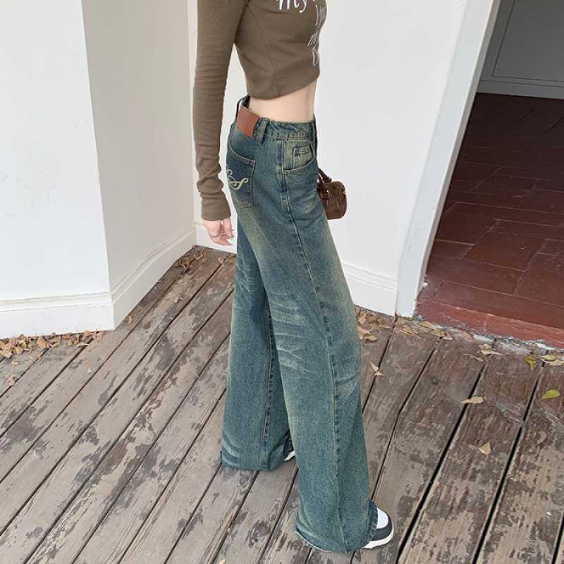 Aiertu dress to impress outfits American Retro Distressed Washed Low Waist Wide Leg Pants Hot Girl Denim Straight Pants Mopping Pants Lengthened aiertu