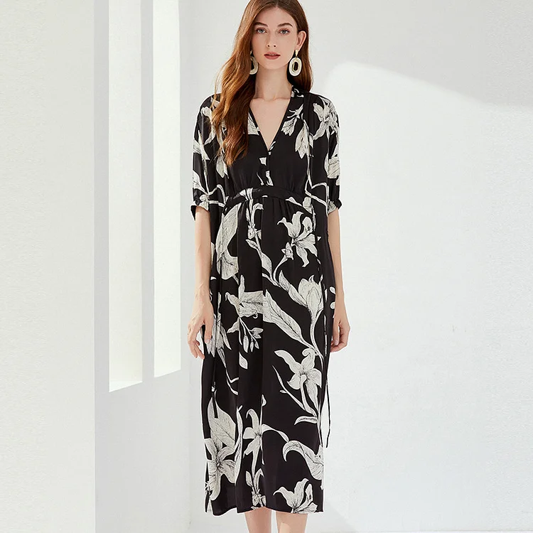 Vintage Print V-Neck Midi Dress - yankia
