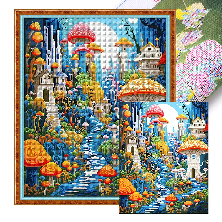 『QianHong Brand』Mushroom Town - 11CT Stamped Eco-Friendly Cotton Thread Cross Stitch(65*80cm)(57Colors)