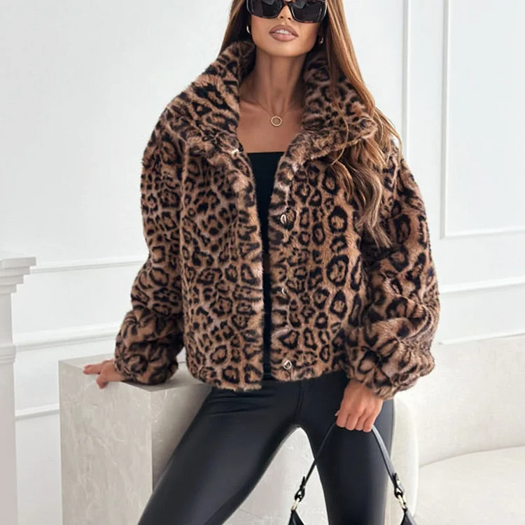 💥Zeitlich begrenztes Angebot🍁Flauschiger Kurzmantel für Damen mit Leopardenmuster