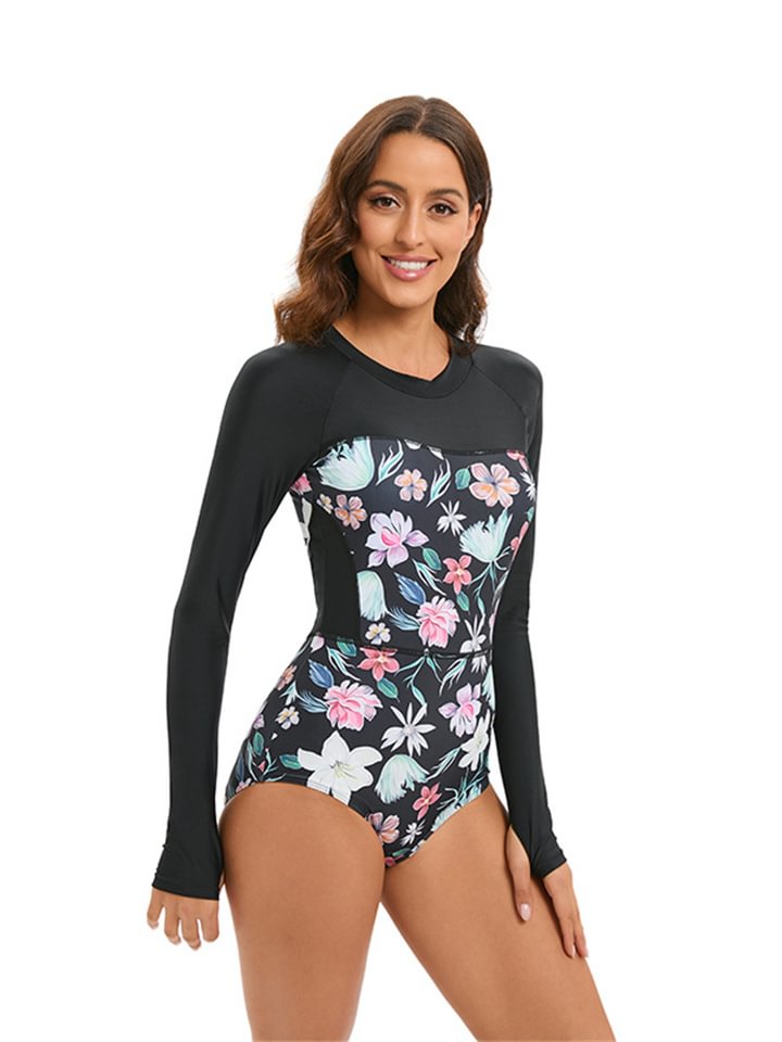 Women's one-piece swimsuit cover-up meat thin Slim conservative surfing suit long sleeve with chest pad zipper diving suit black / green / print -vasmok