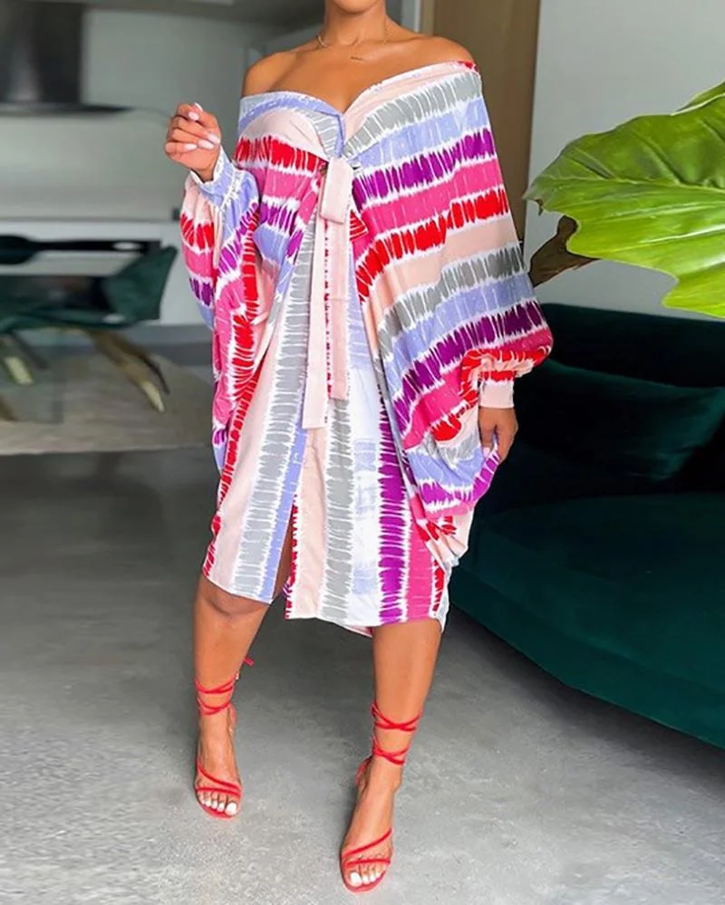 Casual tie-dye striped print lace-up dress