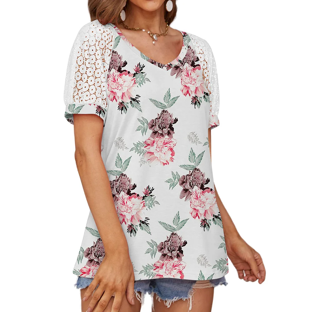 Floral Print Spliced Lace Sleeve V Neck Tops