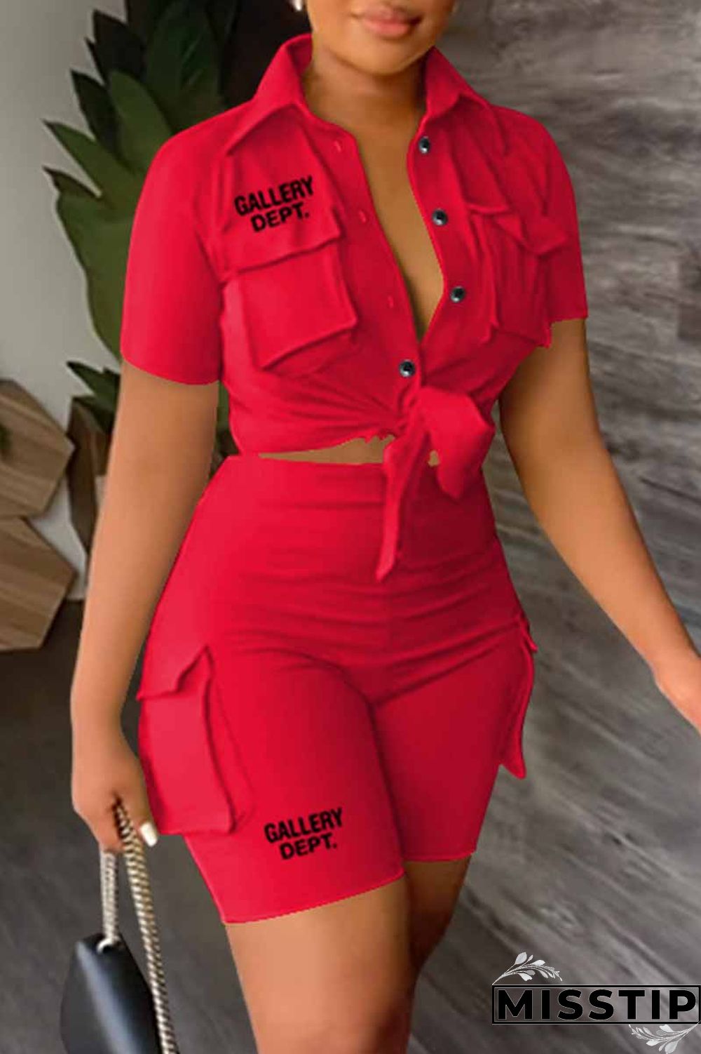 Red Casual Street Print Letter Turndown Collar Short Sleeve Two Pieces