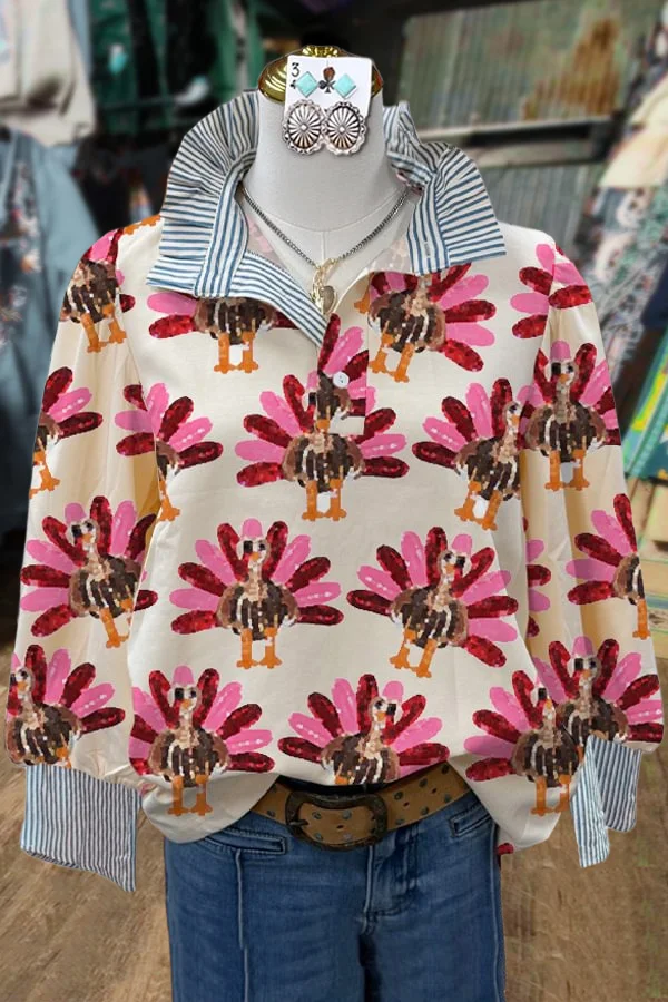 Colorful Turkey Print Striped Collar Top