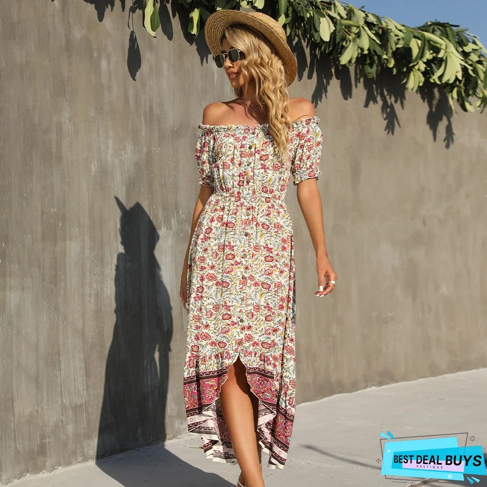 One-Collar Short-Sleeved Floral Dress