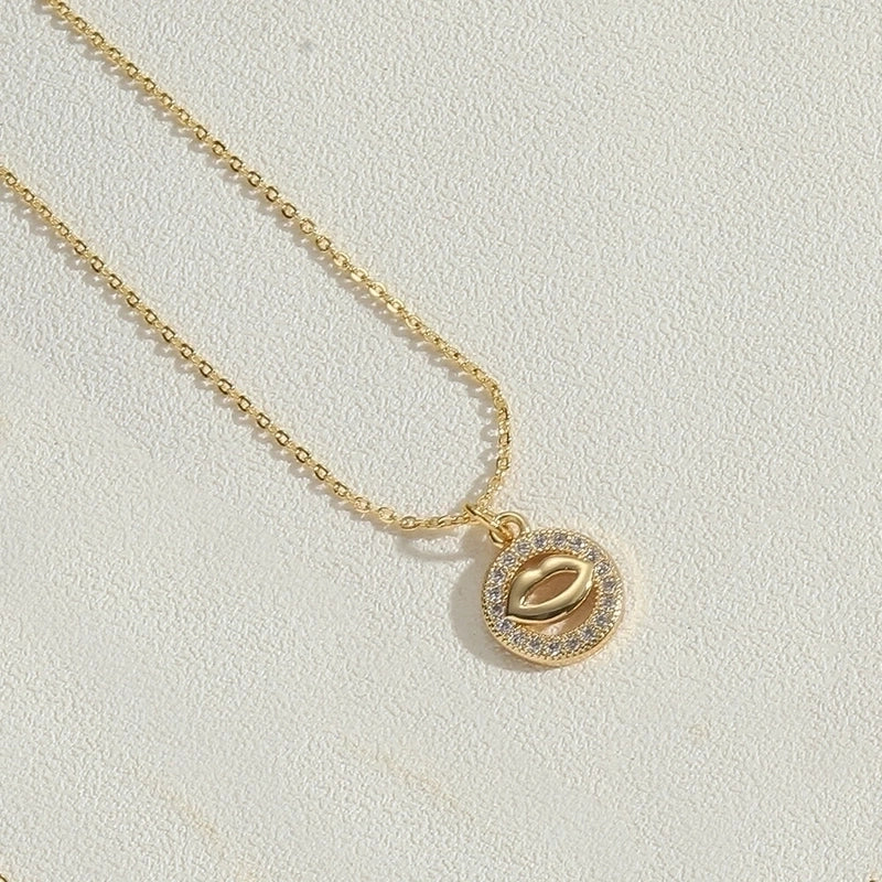 Copper 14K Gold Plated Vintage Style Minimalist Lips Heart Shape Bird Hollow Out Inlay Zircon Pendant Necklace