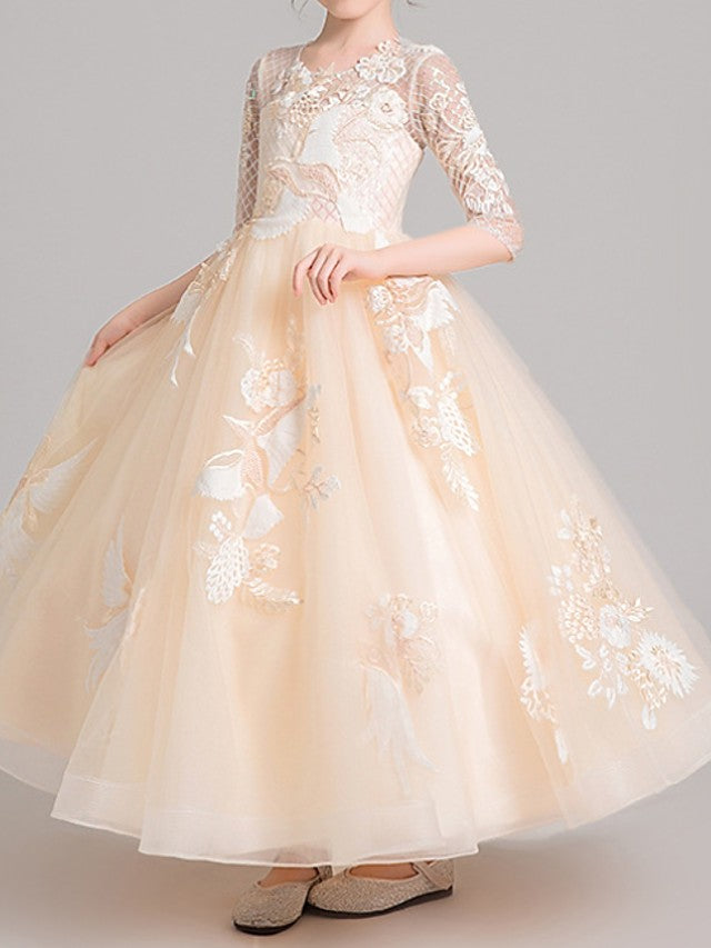 Oknass Ball Gown Half Sleeve Jewel Neck Flower Girl Dresses  Polyester With Embroidery  Appliques