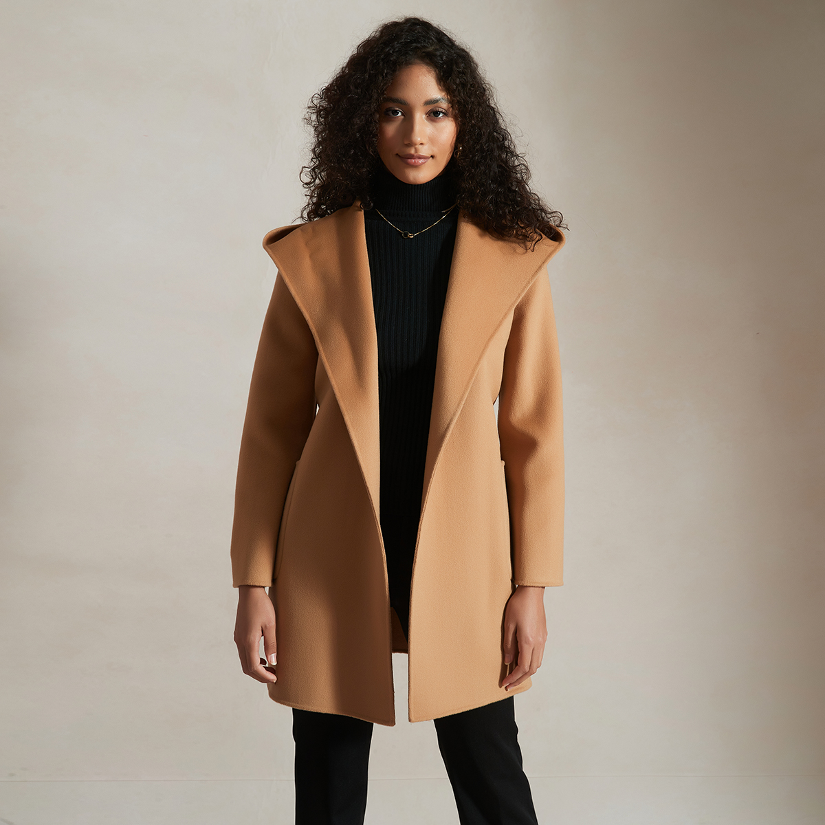 French Collection Belted Short Hooded Wool Coat-Camel REAL SILK LIFE