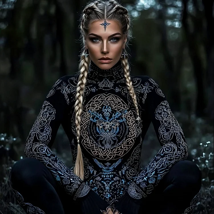 Women Tribe Viking Mythical Totem Print Turtleneck T-shirt