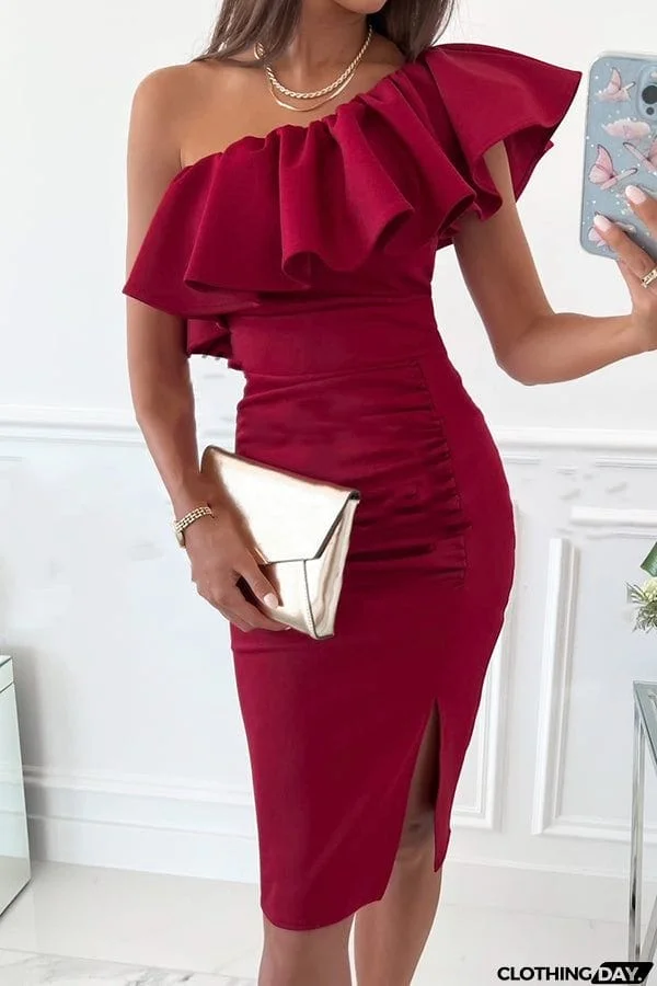 Ruffles One Shoulder Ruched Slit Dress