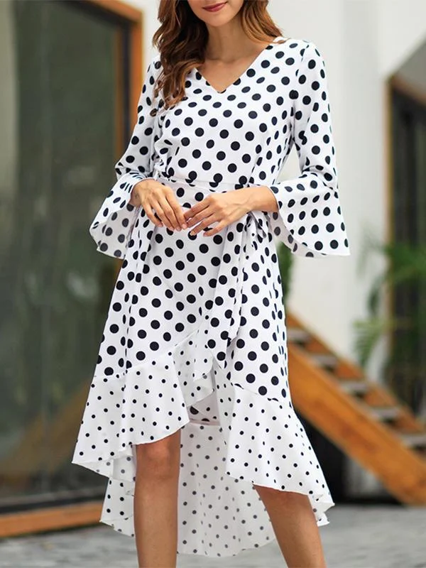 Women New V-neck Polka Dot Long Sleeve Casual Dress