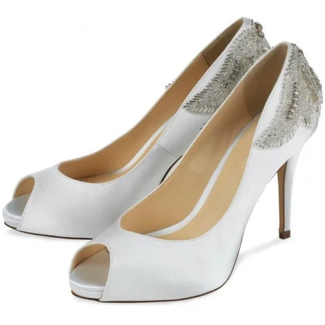 Bridal Shoes - White Satin Jeweled Sandals with Peep Toe & Stiletto Pencil Heel Vdcoo