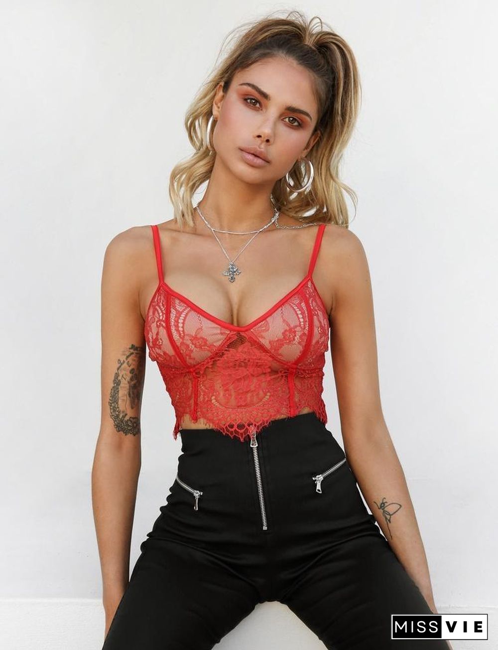 Adjustable Spaghetti Strap Embroidery Lace Bustier Cami Bra Top