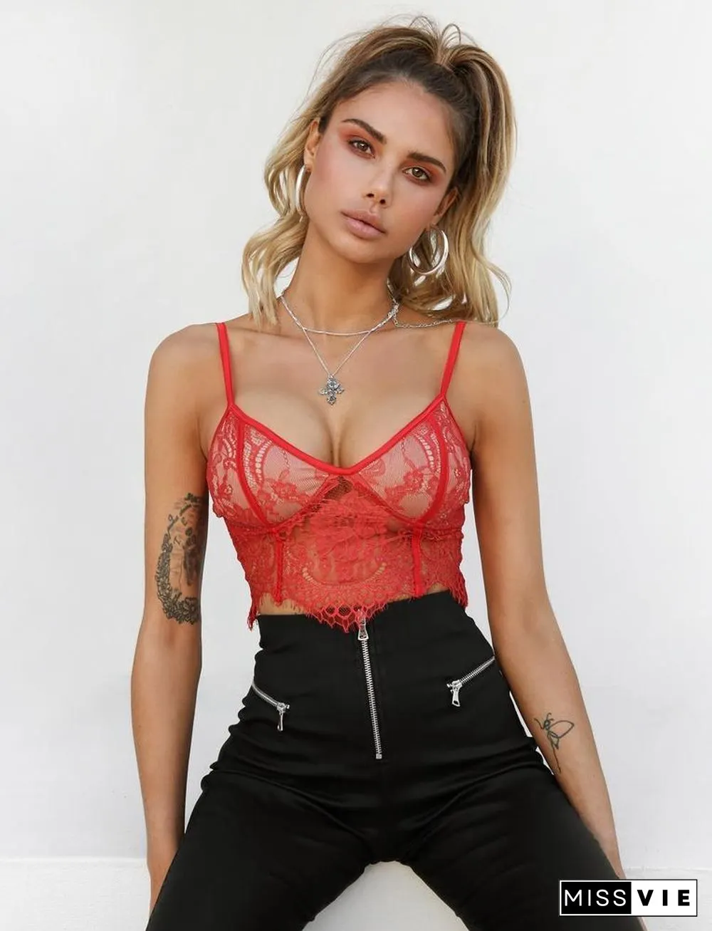 Adjustable Spaghetti Strap Embroidery Lace Bustier Cami Bra Top