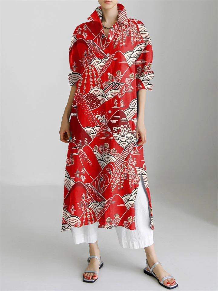 Japanese Art Print Long Sleeve Slit Shirt Dress