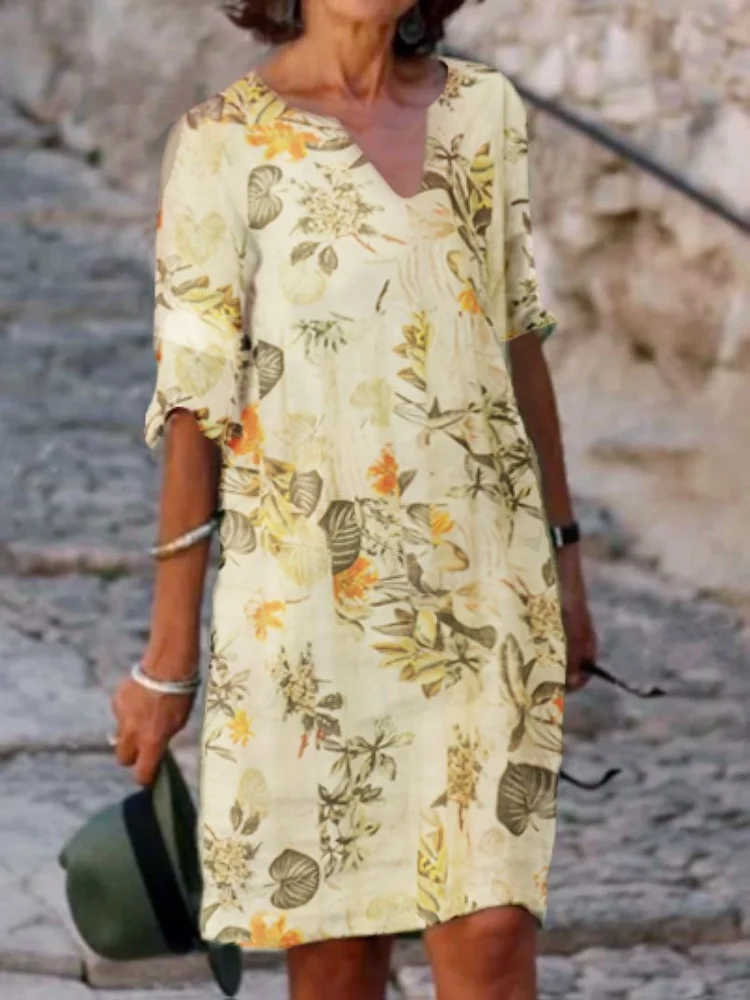 New Women Printing Dress Summer V-Neck Half Sleeve A-Line Dresses