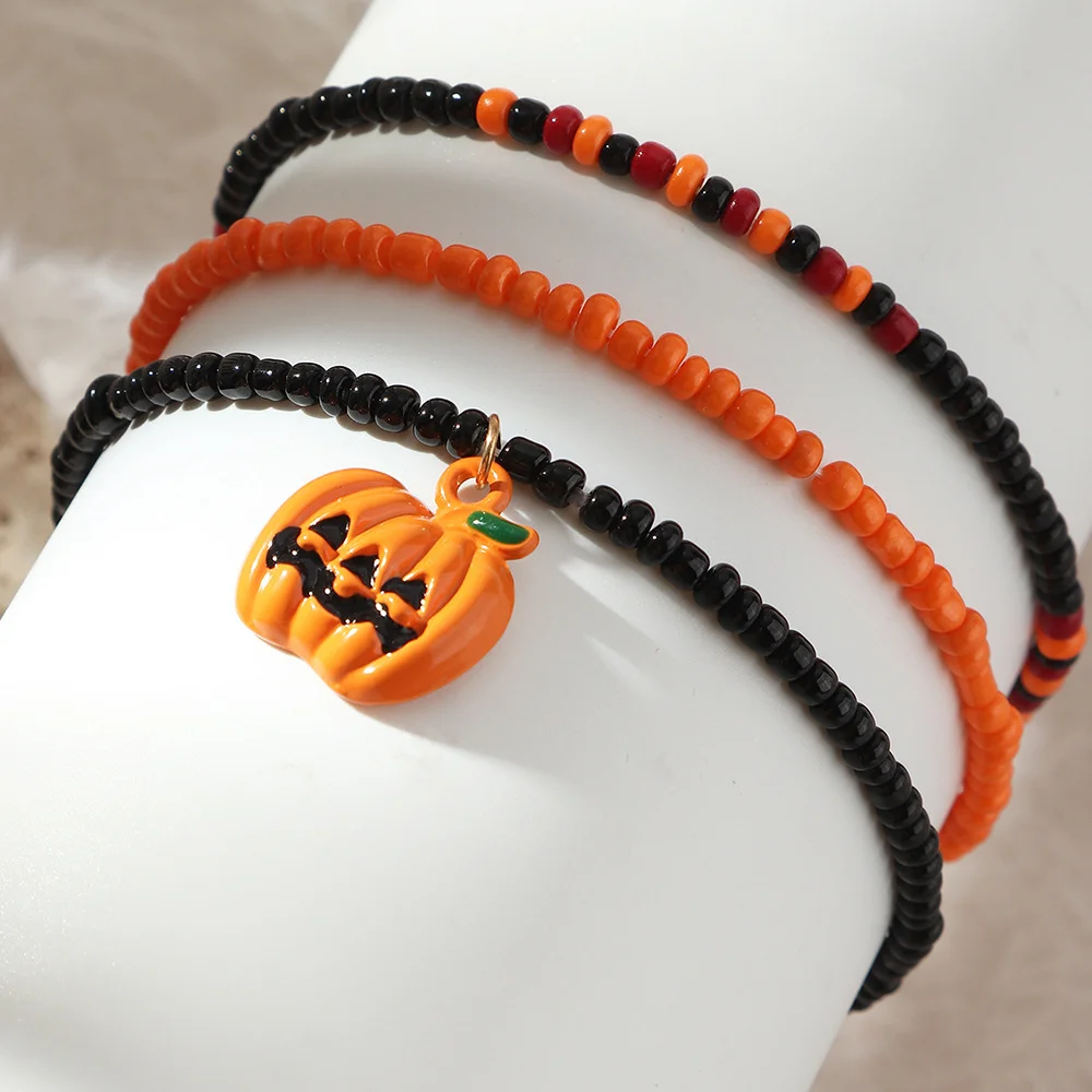 Hand wear mixed color rice beads pumpkin bat Halloween bracelet set