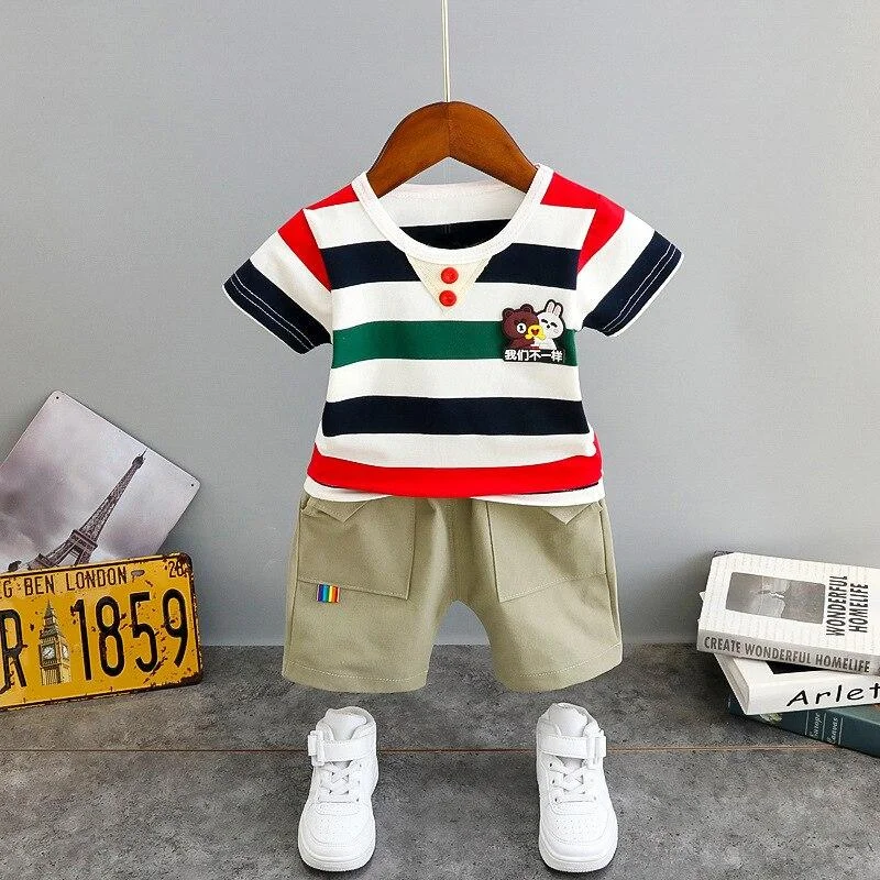 Summer Baby Boys Clothes Fashion Kids Cotton T-Shirt Shorts 2PCS/Set Striped Children Costume Toddler Outfit Letter