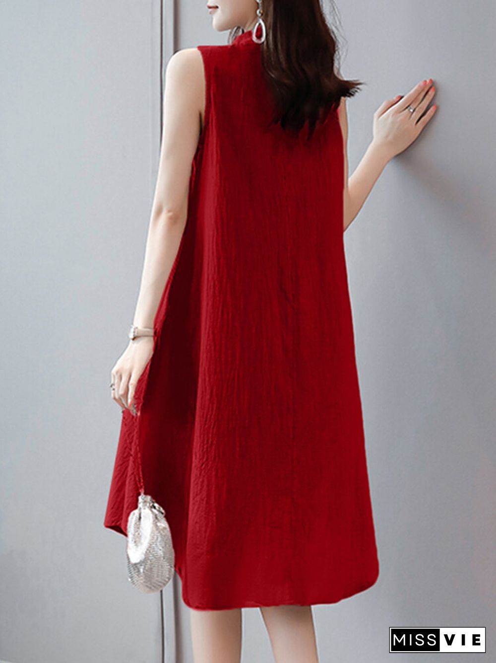 Solid Stand Collar Button Sleeveless Dress For Women