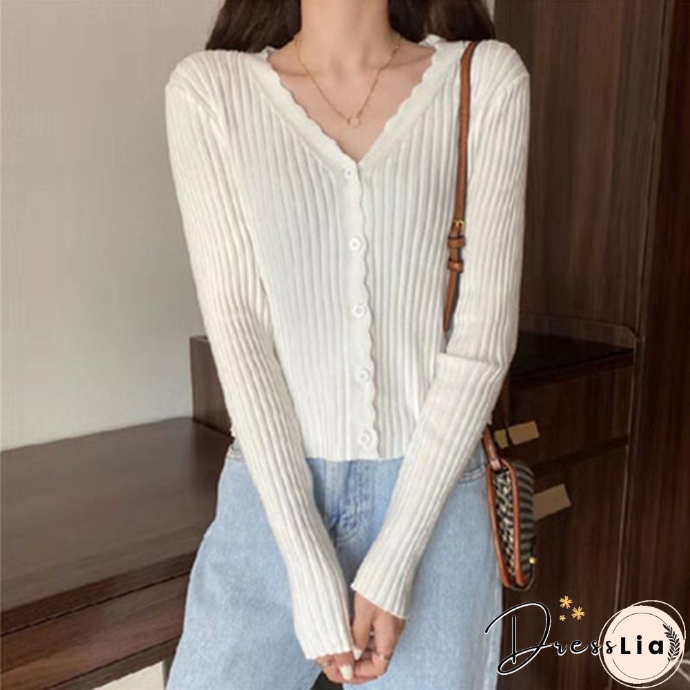 Women's V-neck Long-sleeved Thin Cardigan Short Loose Lazy Top Spring and Autumn
