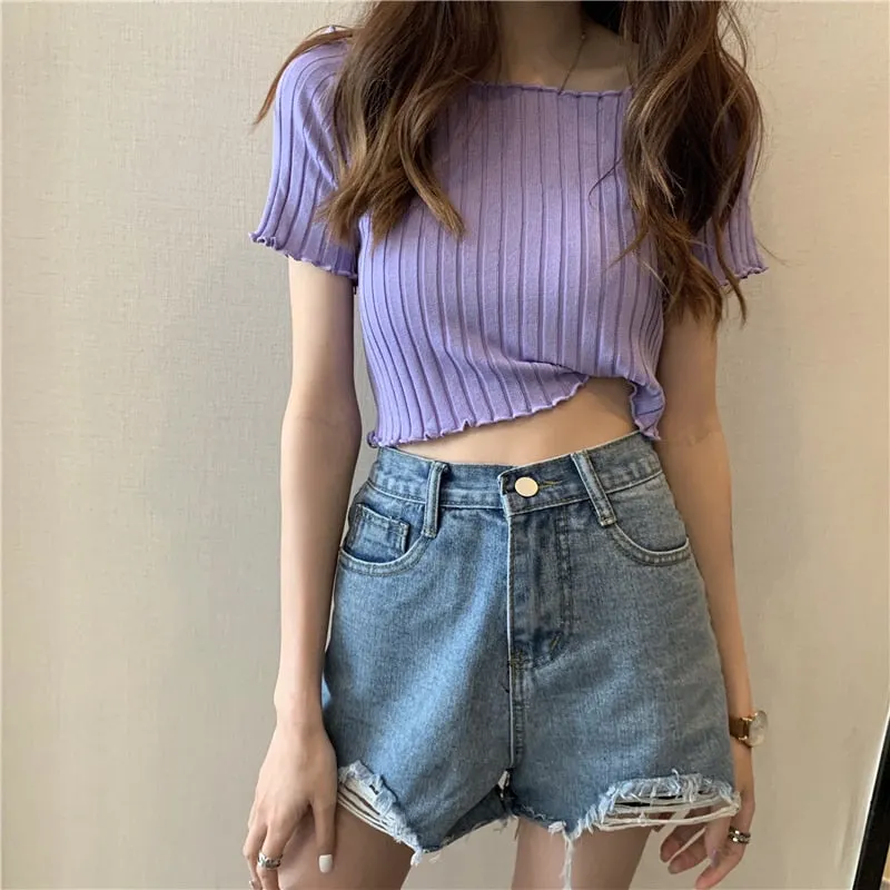 Ribber Slash Neck T-shirt Off Shoulder Knitting Crop Tops Women Short Sleeve Stretchy Ruffles Female Tshirt Stripes Summer Top