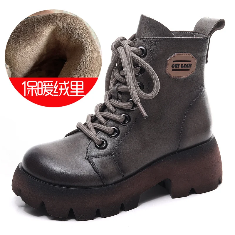 Yyvonne Handmade Martin Boots Women Winter New Tape Heightening Single Boots Coarse And Stylish Handsome Leather Boots
