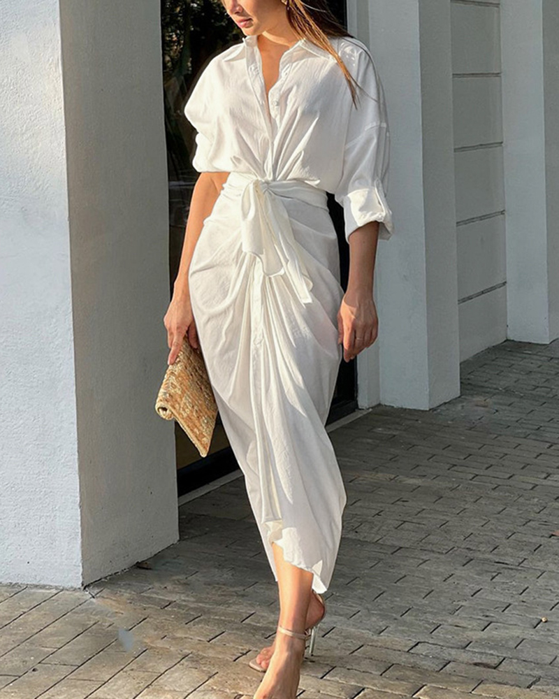 Ruched Detail Long Sleeve Tie Waist Midi Dress