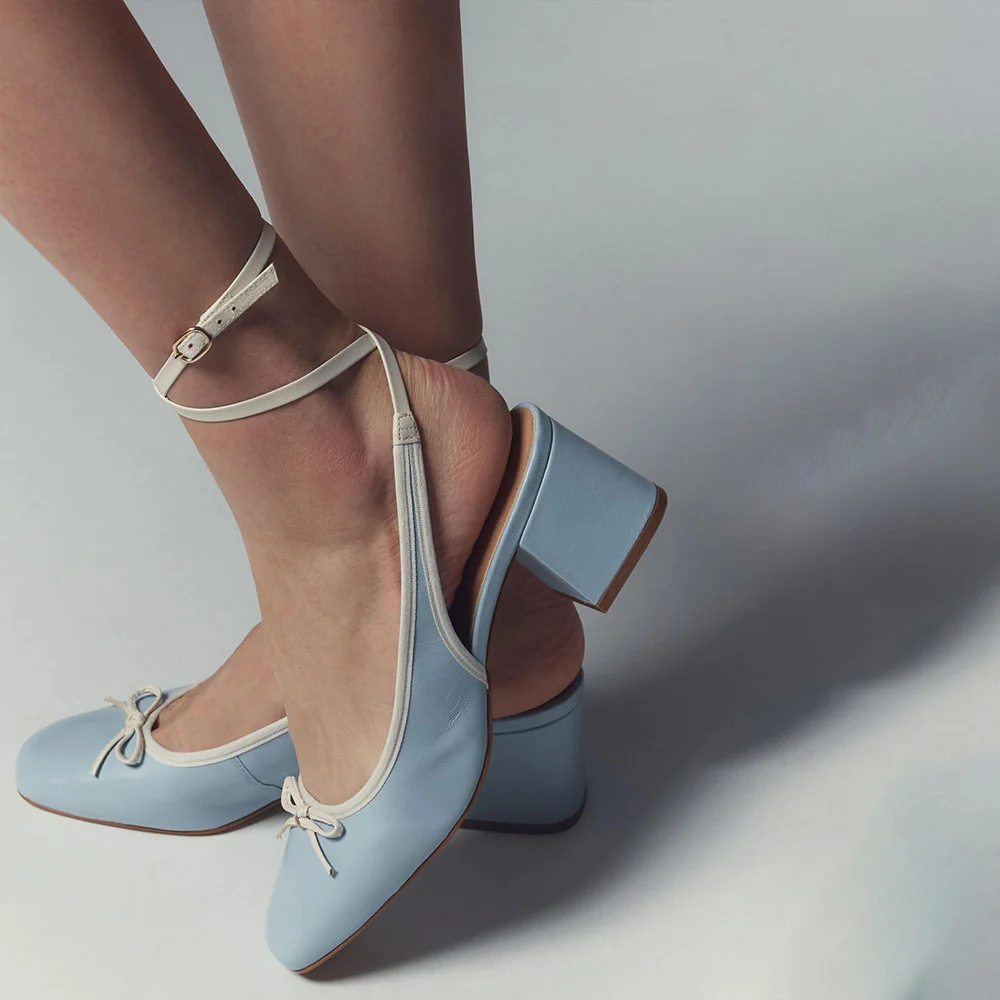 Light Blue Block Heel Bow Square Toe Ankle Wrap Strap Pumps Shoes