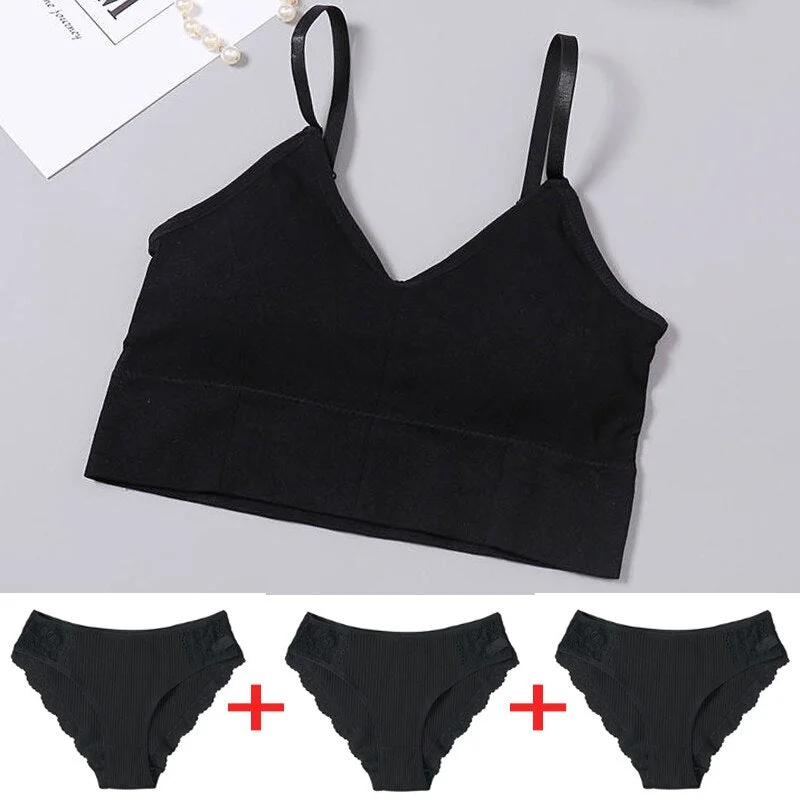 4PCS Camisole Set Tank Crop Top + Cotton Panties Solid Color Bralette for Women Underwear Female Underpants Intimates Lingerie