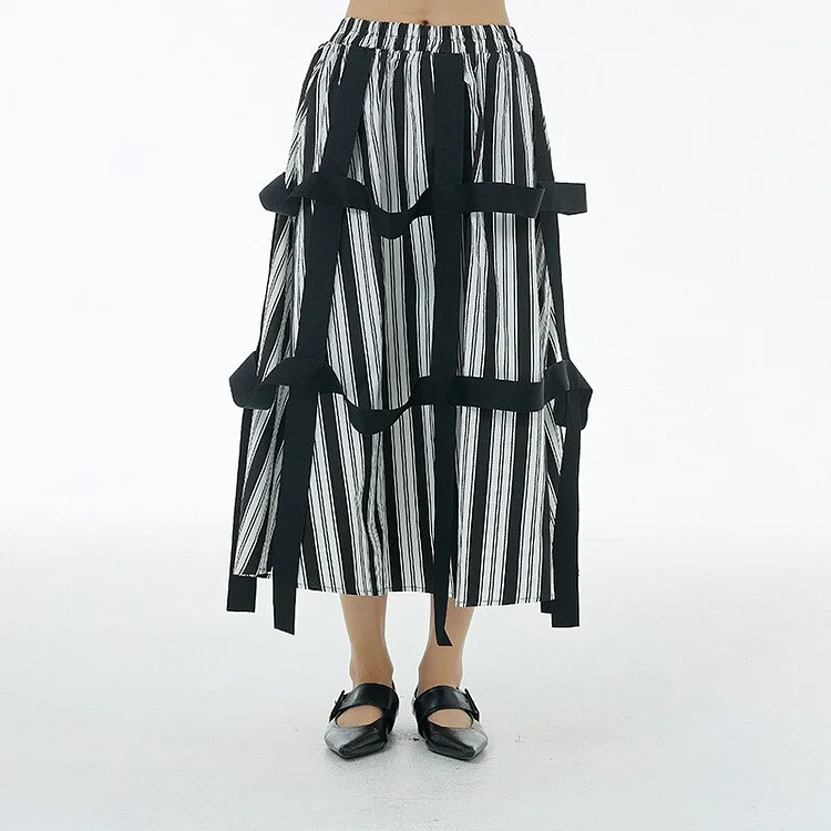 Elegant Elastic Waist Striped Splicing Webbing Decor Skirt