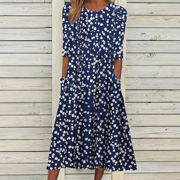 Starry White Flower Dark Blue Side Pocket Midi Dress