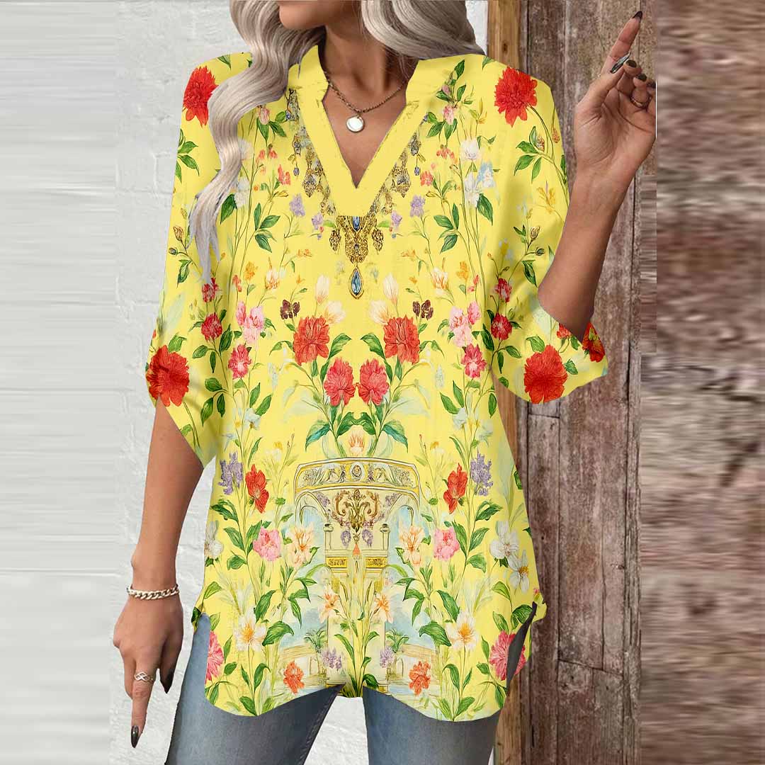 Women Floral, Yellow, Red DZGA0167 3/4 Sleeve V-neck Printed Graphic Button Tops