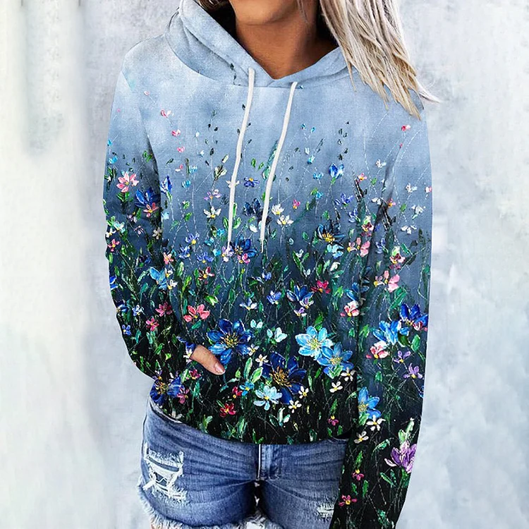 Oil Painting Flower Print Long Sleeve Hoodie