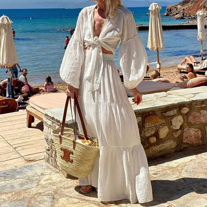 Toloer Toloer Spot 2023 Summer New Female Bohemian Bubble Sleeve Cardigan Skirt Two Sets-Outfit Ideas
