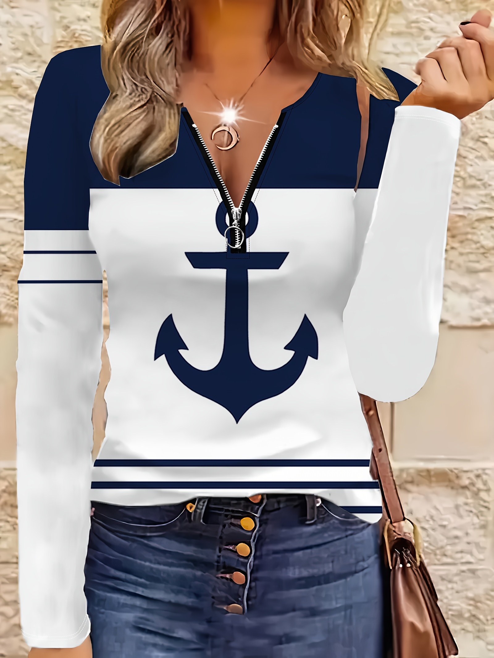 Women's Casual Anchor Print Zip-Up Long Sleeve T-Shirt - Stretchy Polyester Blend, Perfect For Spring & Fall | IFYHOME