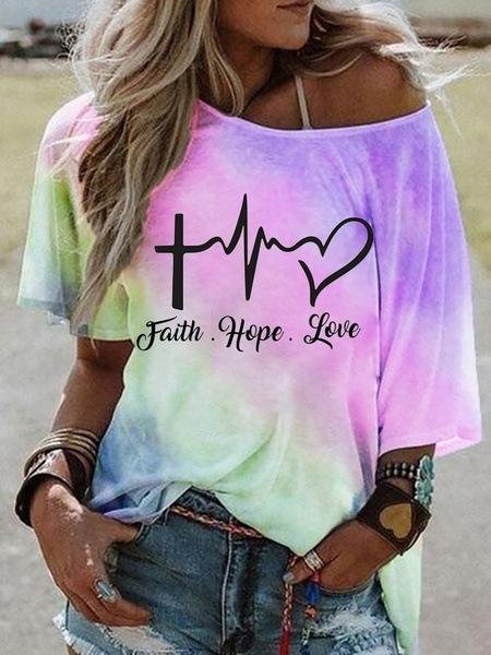 Hot-selling Stylish Tie-dye Gradient Print Short-sleeved Stiletto Off-the-shoulder Top T-shirt | EGEMISS