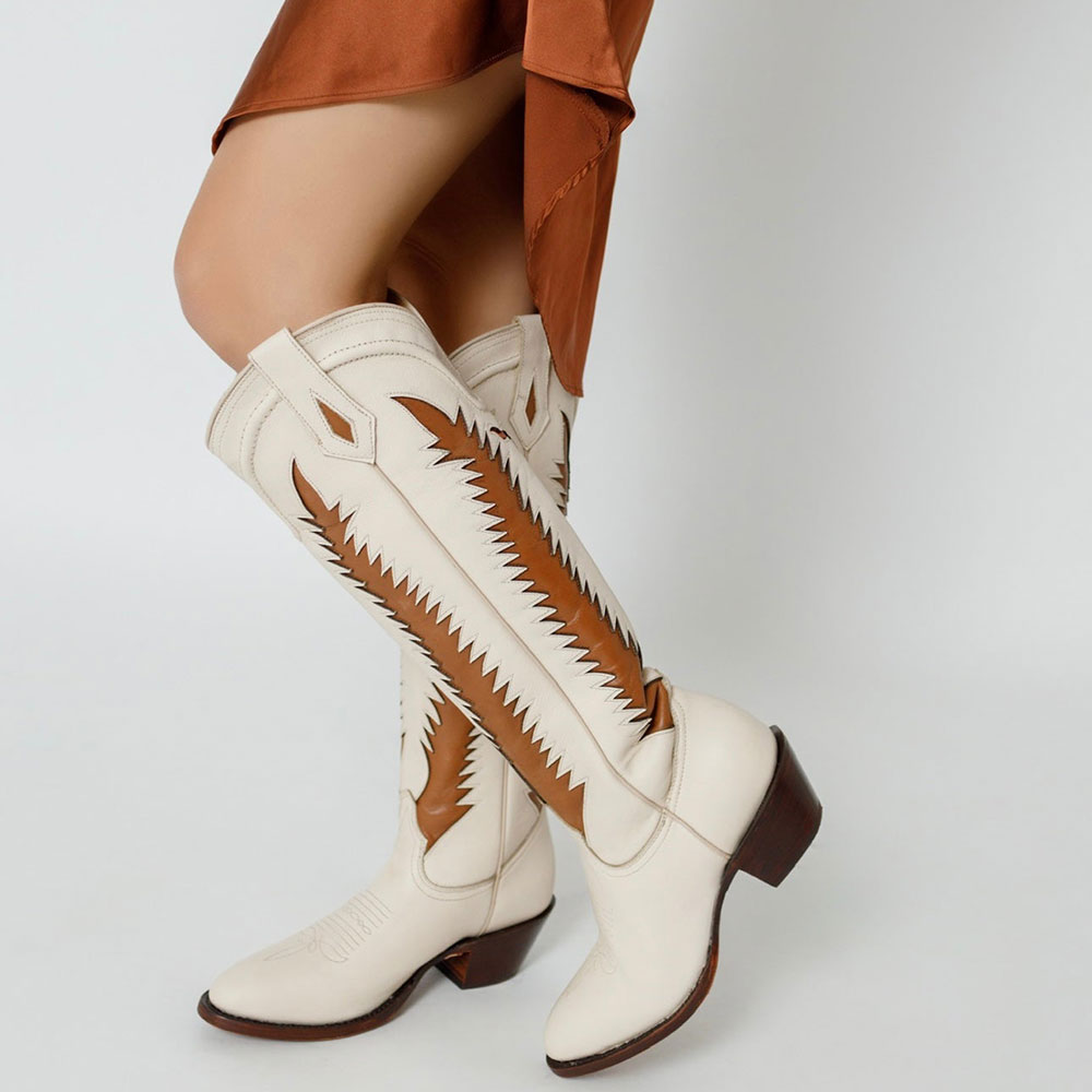 Ivory & Brown Inlay Round Toe Chunky Heel Knee-High Cowgirl Boots Nicepairs