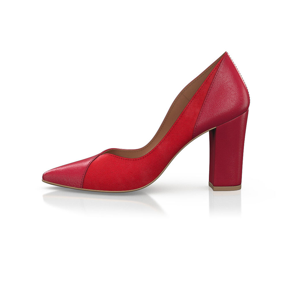 GOOSHOE Red Stylish Pointed Toe Block Heel Splicing Vegan Suede Pumps