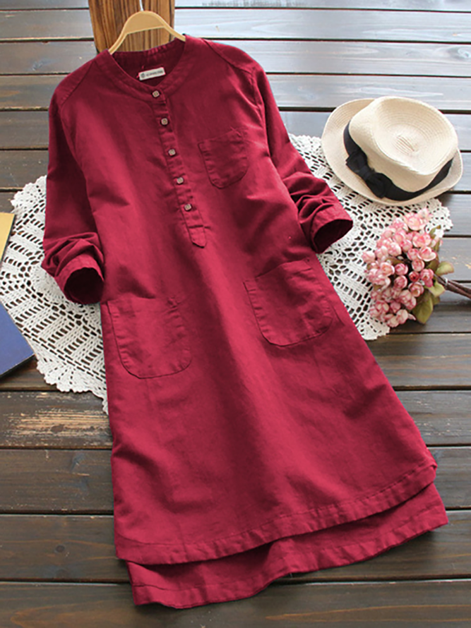 Women Vintage Long Sleeve Buttons Cotton Midi Shirt Dress Zaesvini