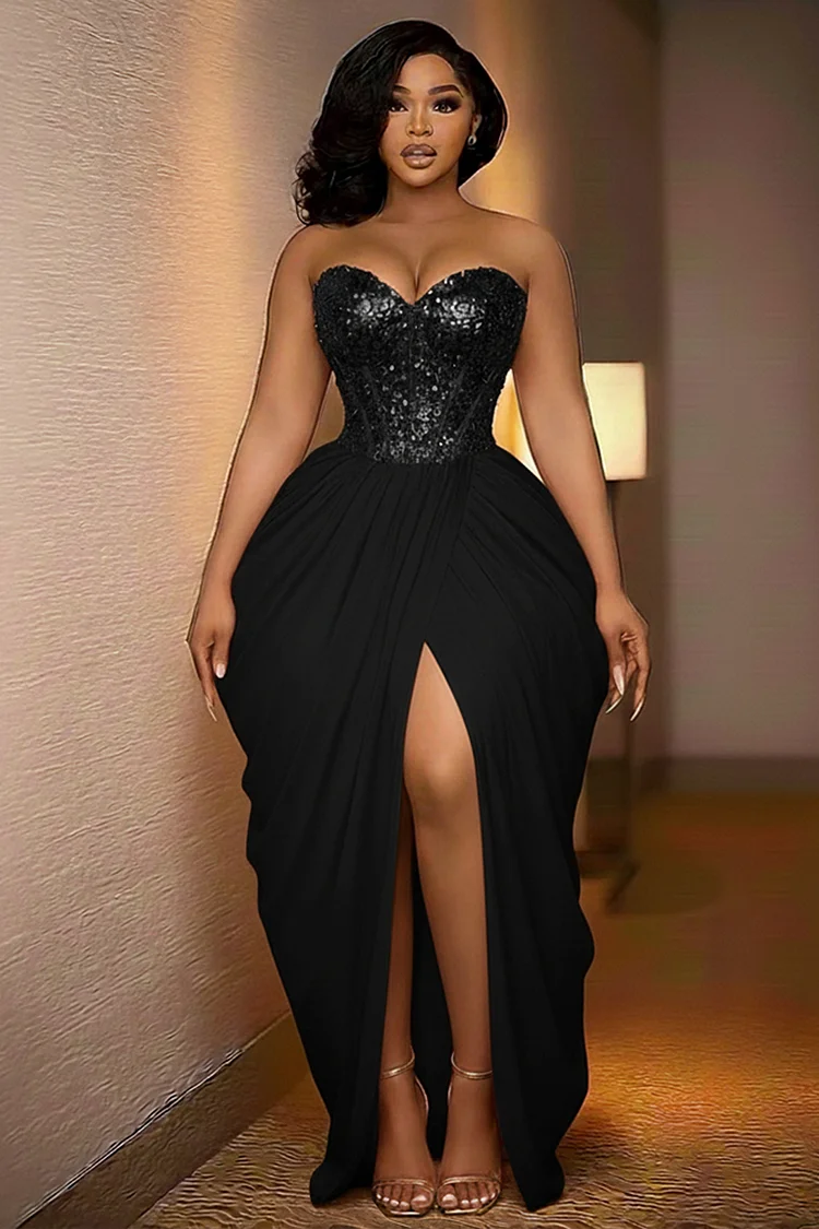 Strapless Sequin Patchwork Overlap Slit Party Maxi Dresses-Orange [Pre Order]