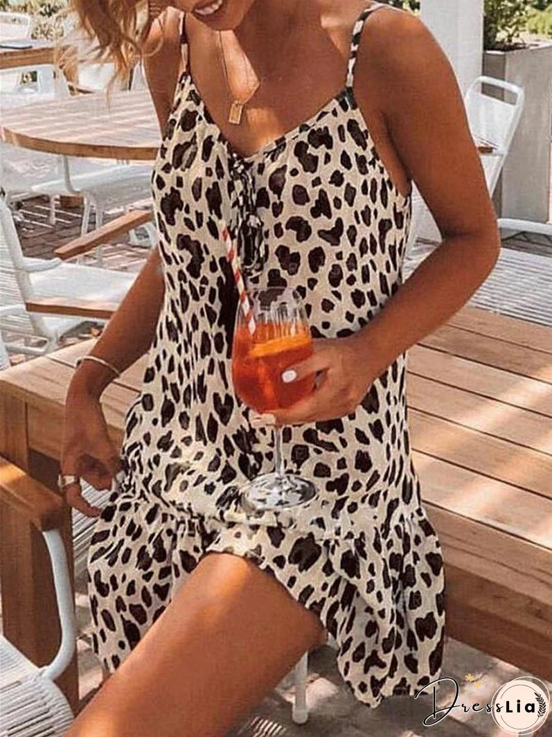 Leopard Print V-neck Casual Suspender Dress