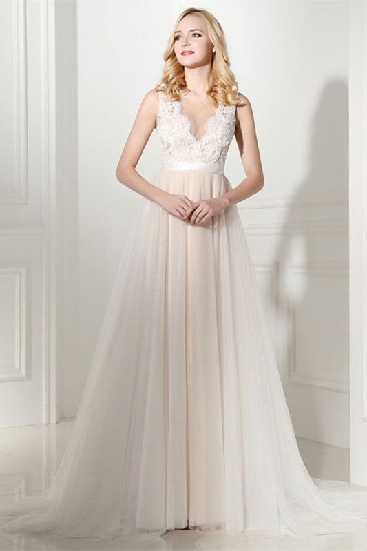 Champagne Lace Tulle Wedding Dress PD0344