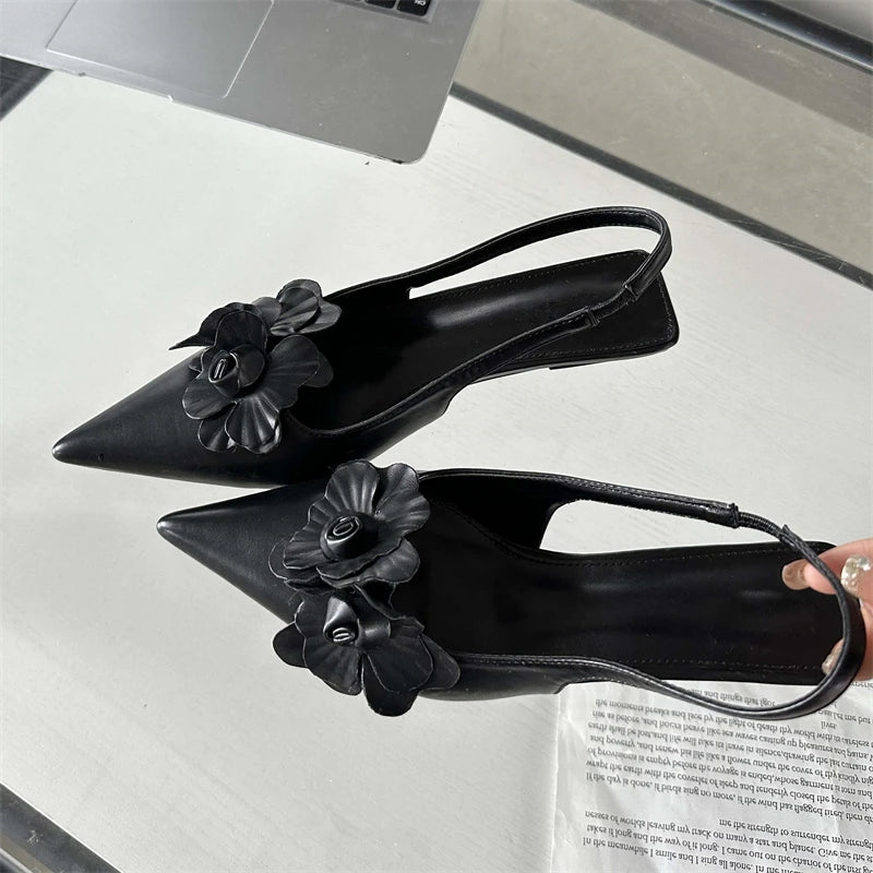 Sexy Flower Pointed Toe Thin Low Heels Women Pumps Elegant Wedding Slingback Shoes Mules Zapatos De Mujer Aiertu