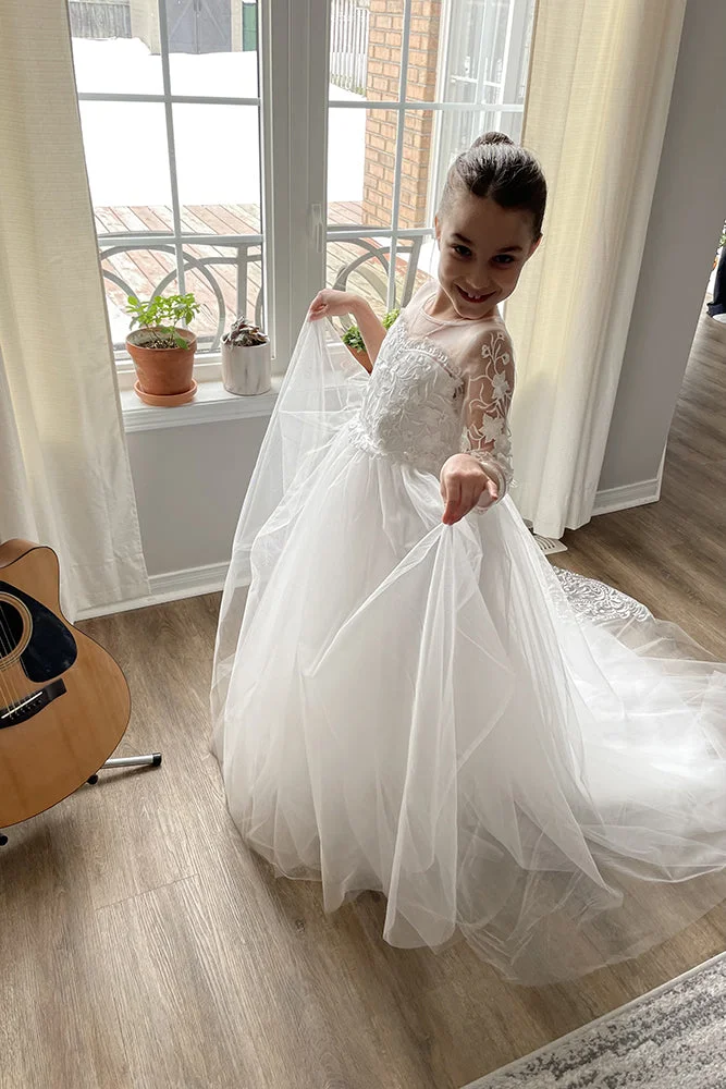 Bellasprom 3/4 Sleeves Jewel Boho Flower Girl Dresses Tulle Lace with Lace Appliques Bow Same as Picture-2