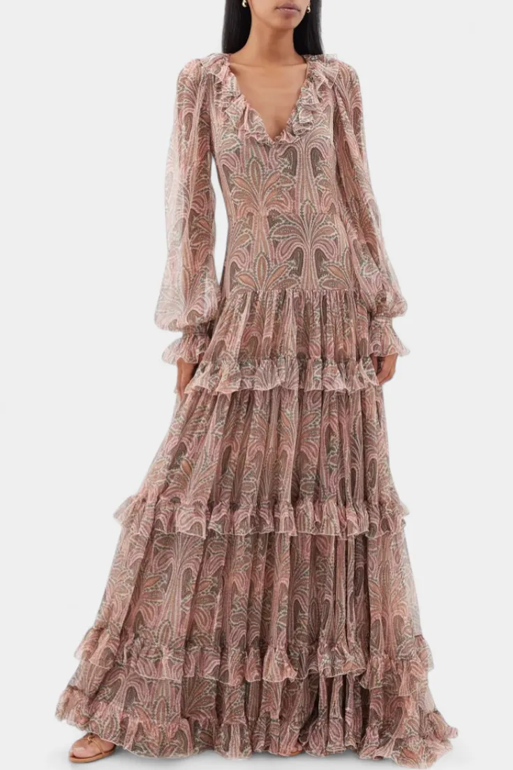 Layered Ruffled Long Dress with V-Neck and Paisley Pattern