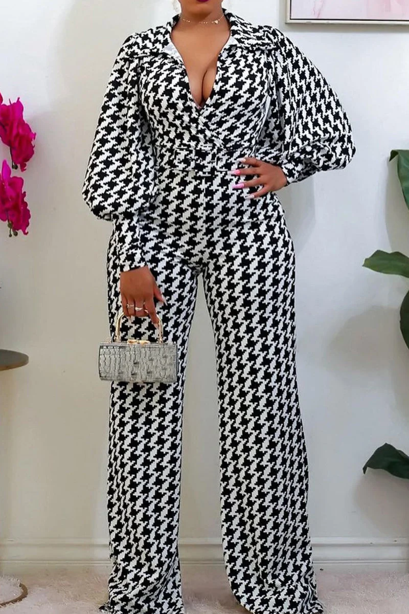 Fashion Casual Print Basic Turndown Collar Regular Jumpsuits