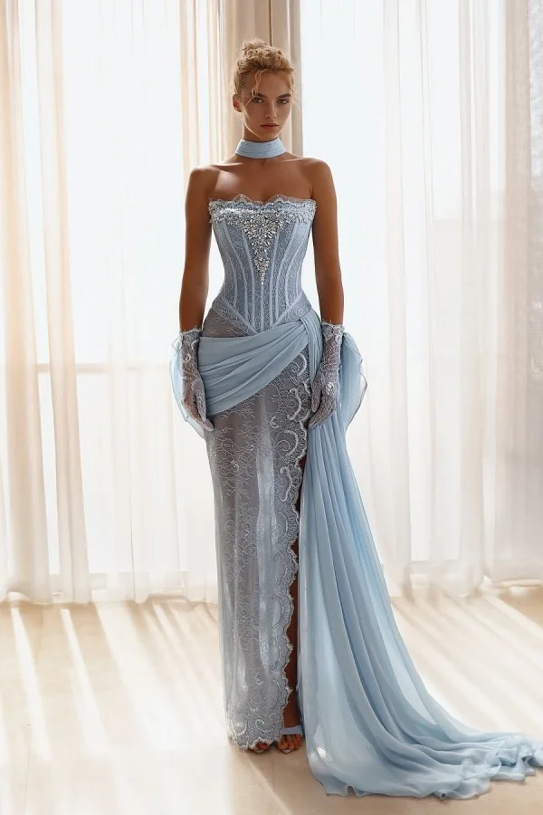 Miabel Chic Sky Blue Strapless Lace Sleeveless Split Train Prom Dress With Rhinestone    